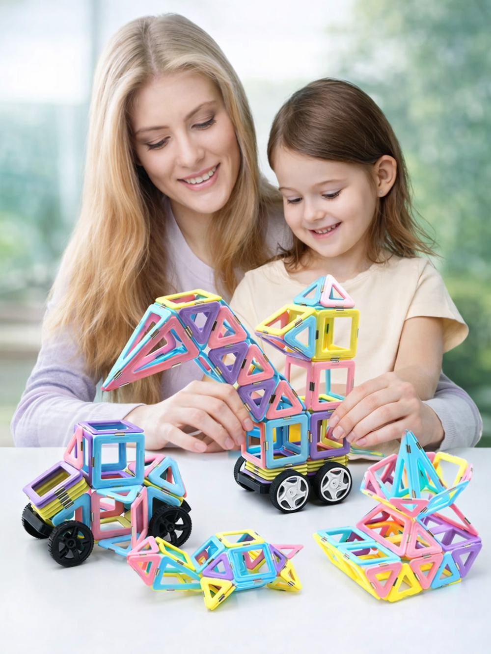 親子でマグネットタイルを組み立てる室内遊びのシーンイメージ
