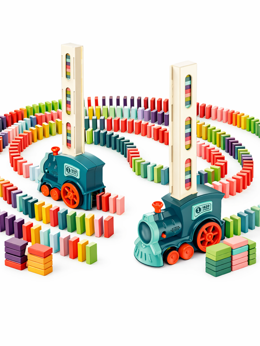 自動ドミノトレインとカラフルなドミノ形パーツのセット全体イメージ
