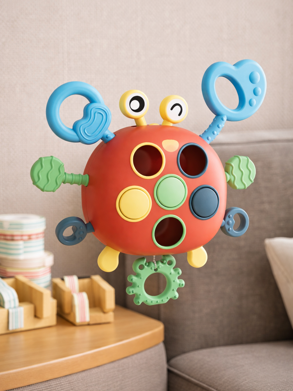 レッドのかにモチーフ指先ギミックベビートイ 生活シーン 正面
