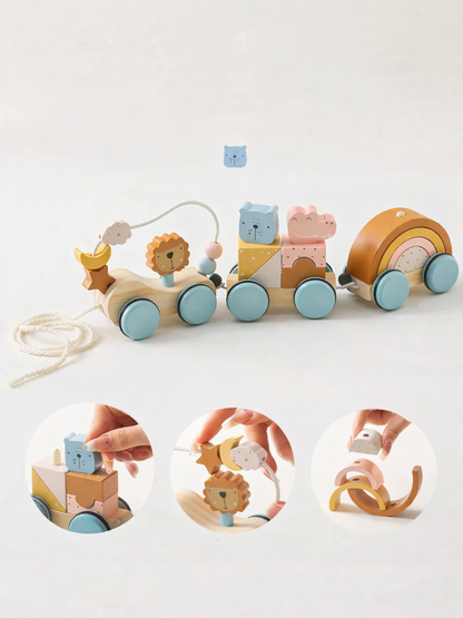 木製アニマルプルトレイン ビーズメイズ付き 白背景メイン画像

