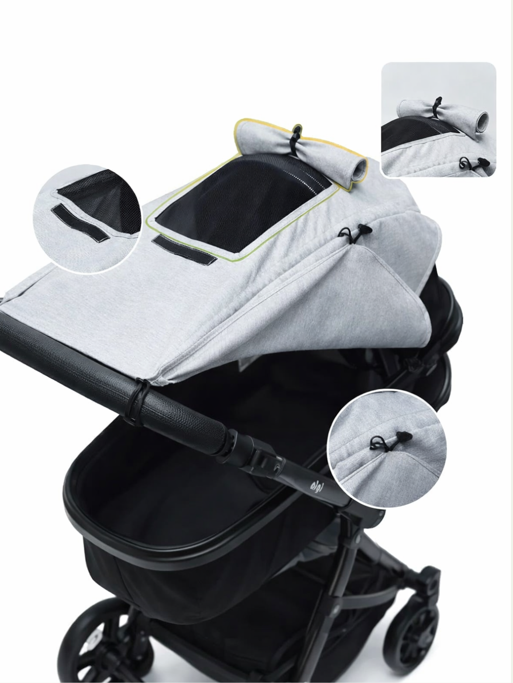 固定用フックとサイド調整コードのクローズアップ（ベビーカー日よけ）
