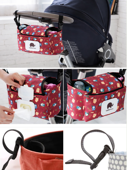 レッドオウル柄のベビーカー用収納オーガナイザー装着と取り出し例（ベビーカー収納バッグ）
