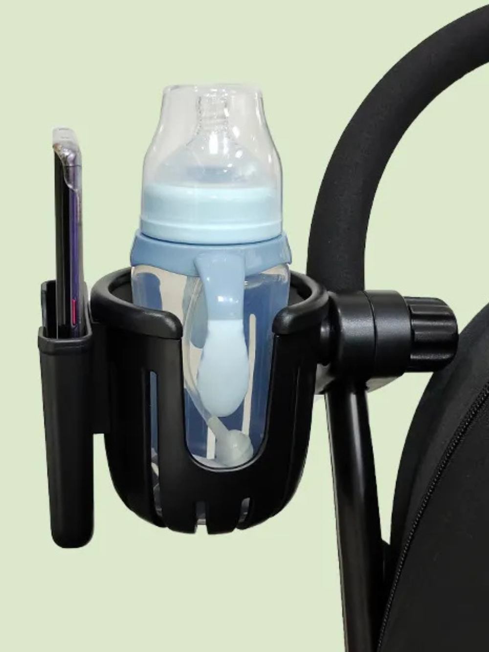 ベビーカーカップホルダー スマホホルダー一体型｜ABSクランプ固定 ドリンク対応（ブラック・2カラー）