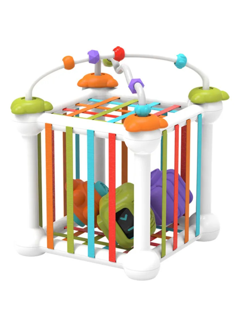 レインボー配色の感覚キューブ本体とゴムバンドの全体イメージ
