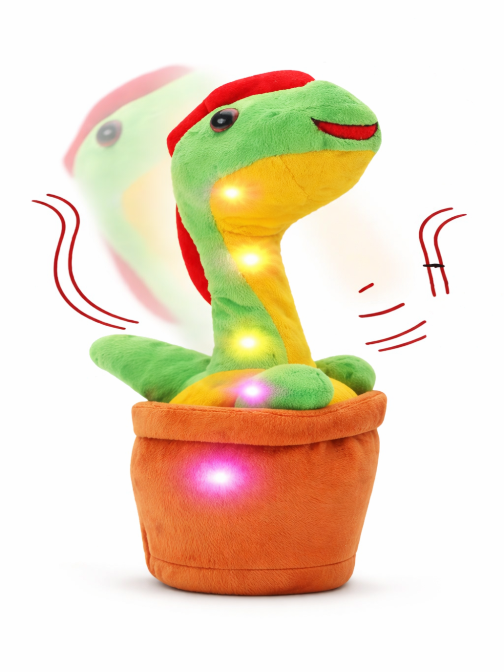グリーンのポット型ダンシング恐竜が光りながら揺れるミュージックトイ
