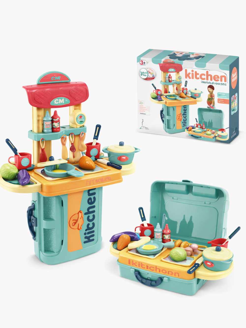 キッチンごっこ遊びのキャリーケース変形ロールプレイセット全体イメージ
