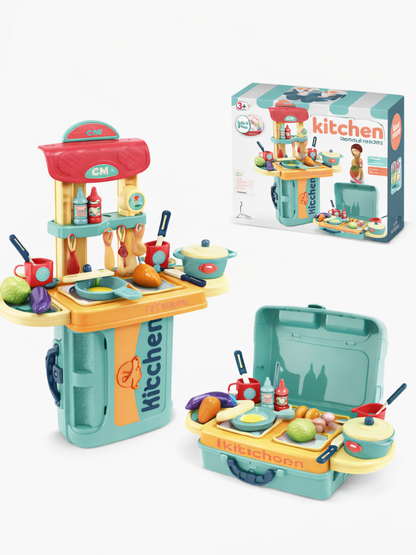 キッチンごっこ遊びのキャリーケース変形ロールプレイセット全体イメージ
