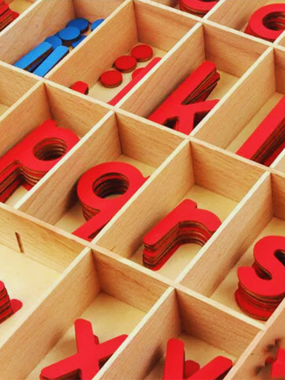 区画に分かれた収納マスと文字ピースの形が分かる接写ディテール
