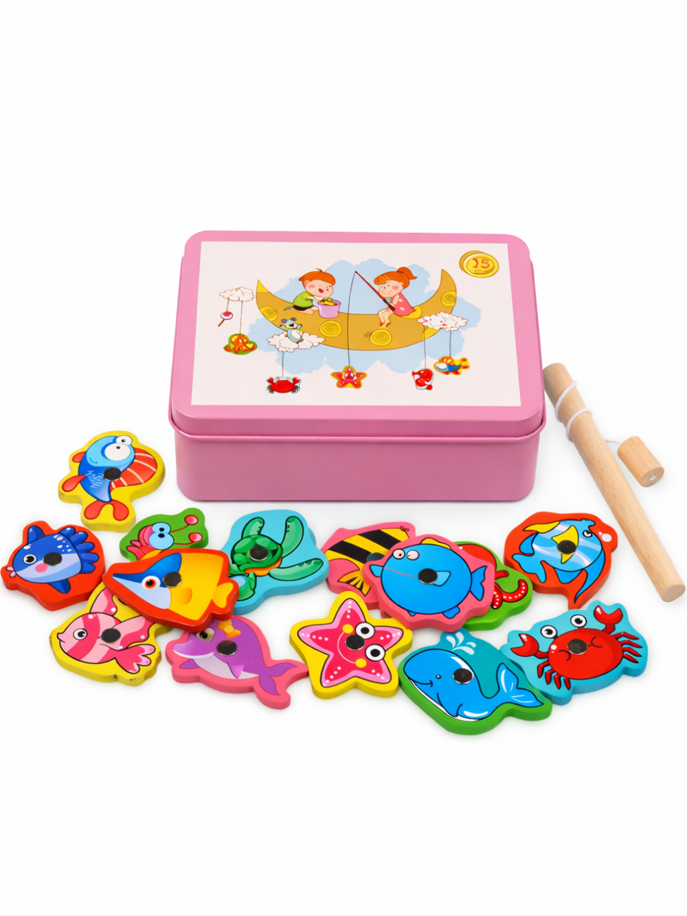 ピンクの缶ケースと海のいきもの木製ピース一式を並べたマグネット釣りセット全体写真
