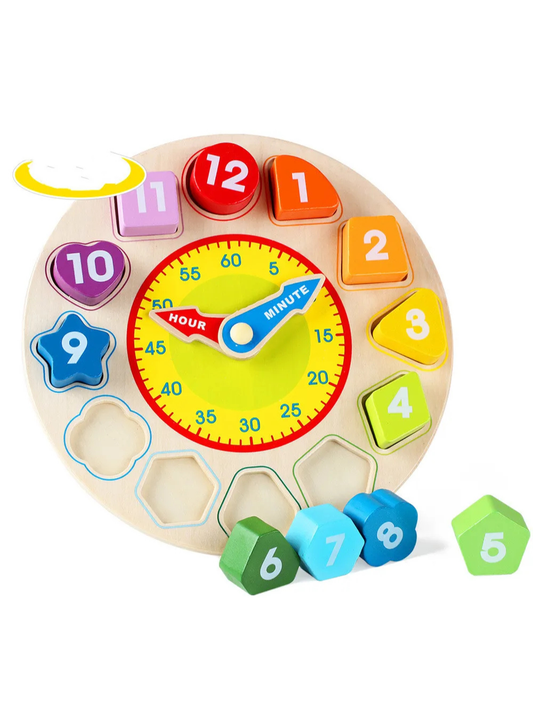 木製レインボークロック本体と数字ブロックを並べた知育時計パズルの白背景全体写真
