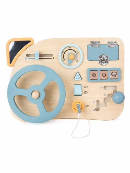 木製ステアリングホイールビジーボードを白背景で写した全体商品写真
