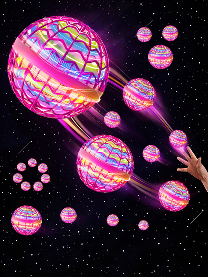 宇宙背景で光の軌跡が広がるLEDフライングボール 複数演出イメージ
