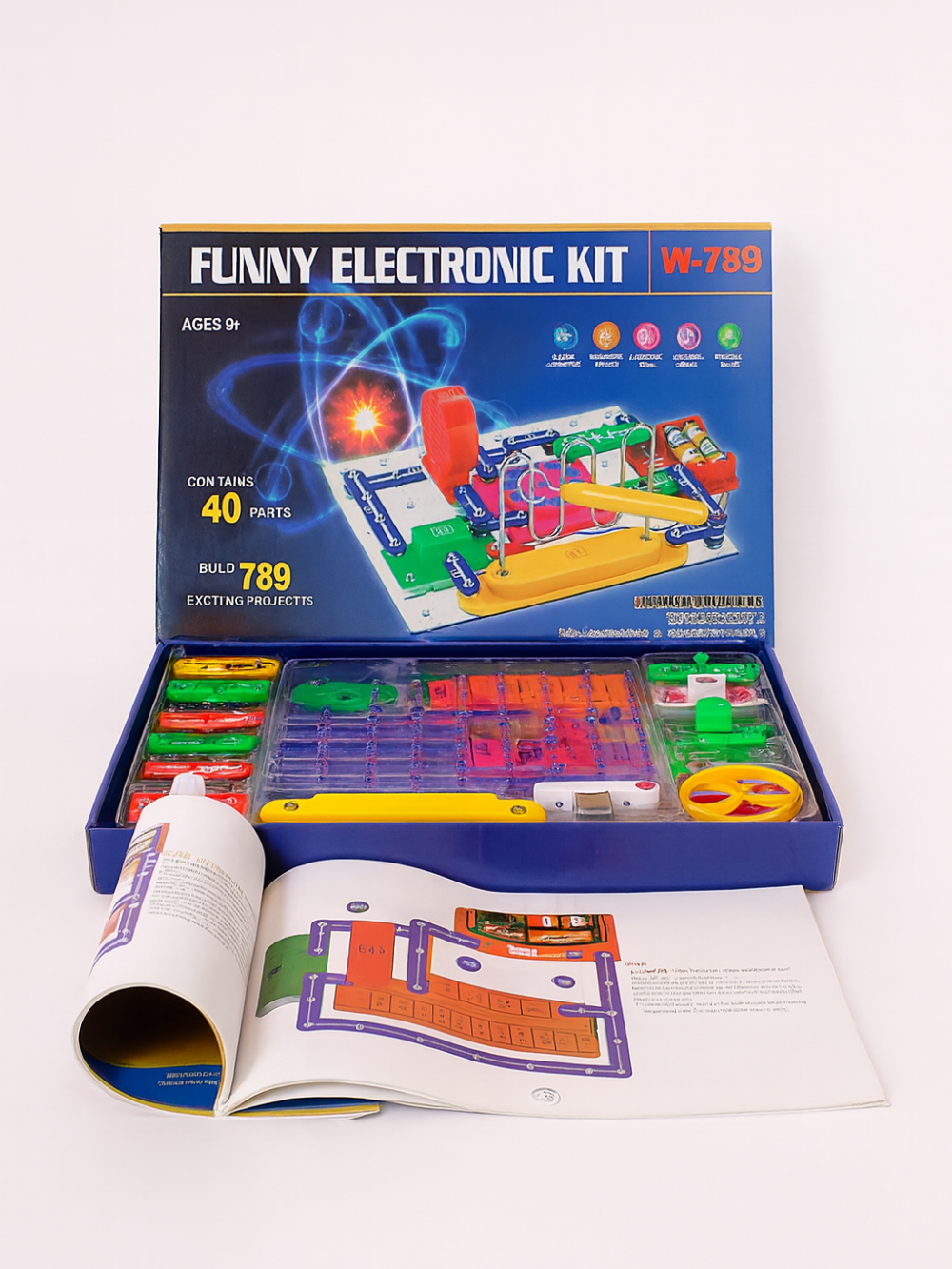 カラフルな電子ブロックと基板がセットになった子ども向け電子回路キット
