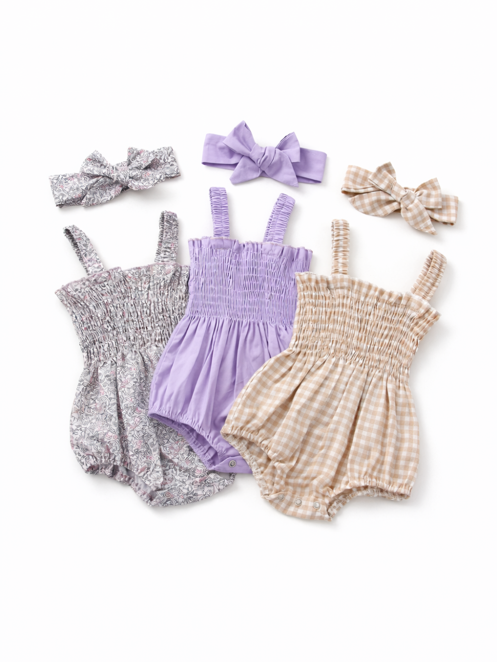 カーキ・パープル・ライトグレーのスモッキングキャミロンパース 色違い3色イメージ
