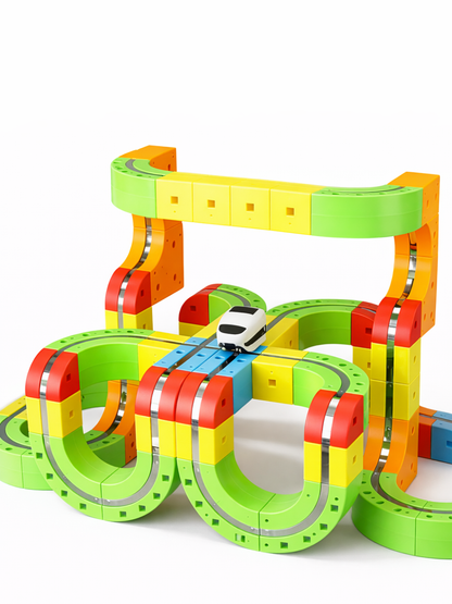 カラフルな磁気レールブロックで組み立てた立体コースに、白黒のミニ新幹線が走るおもちゃセット（白背景）。
