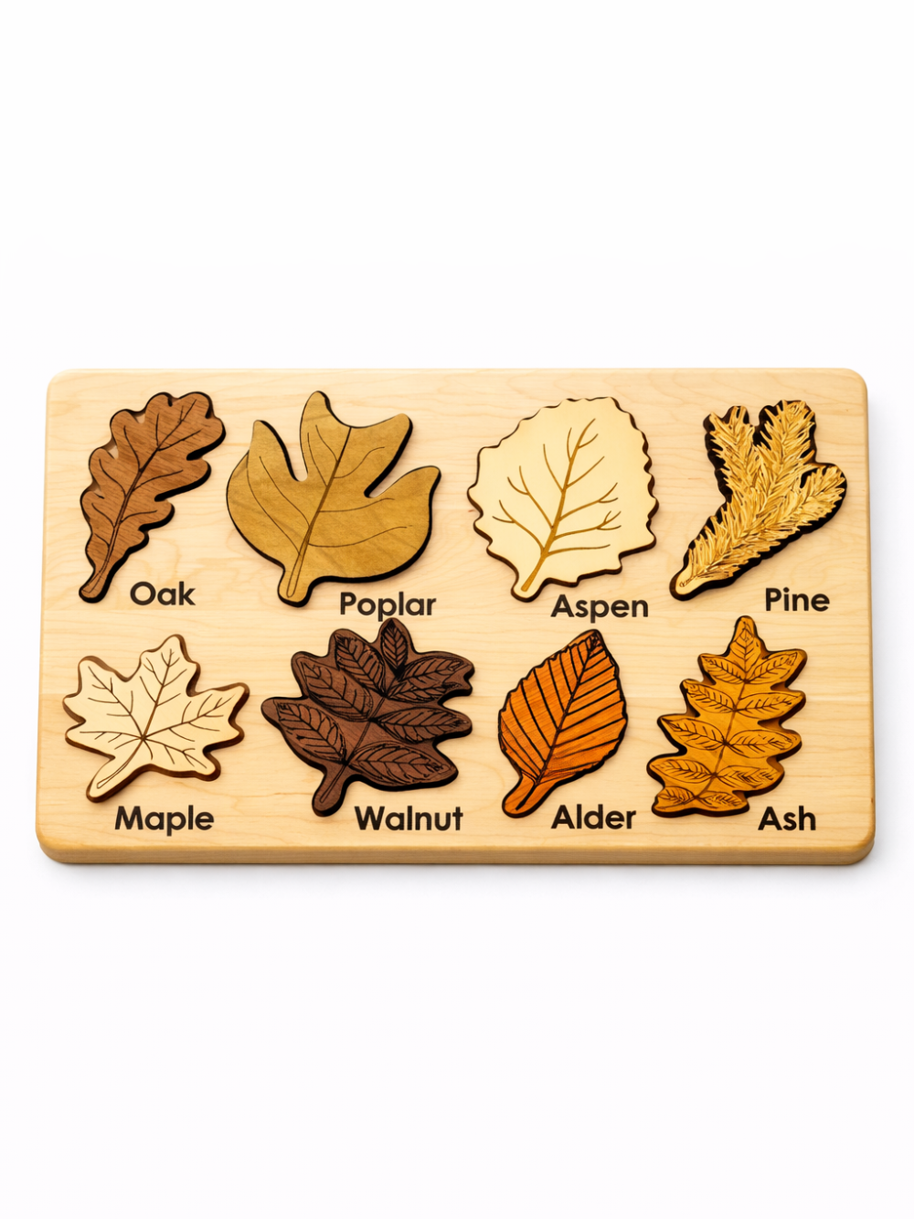 樹種名の刻印が読める正面アップのリーフパズル
