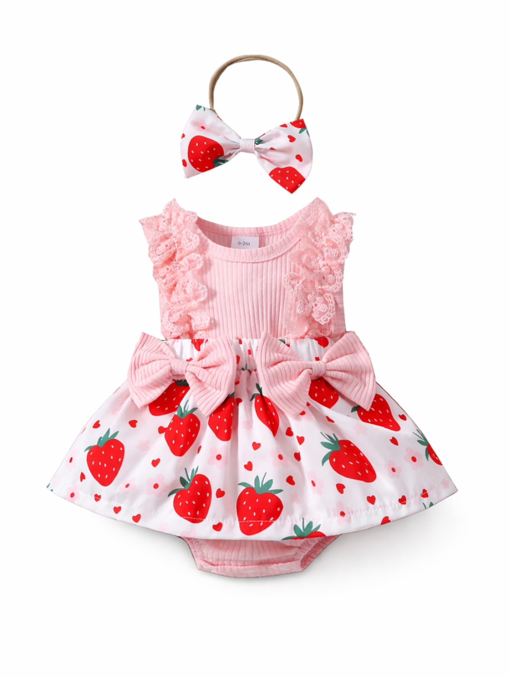 いちごプリントの女の子ノースリーブ三角ロンパース ピンクの全体デザイン
