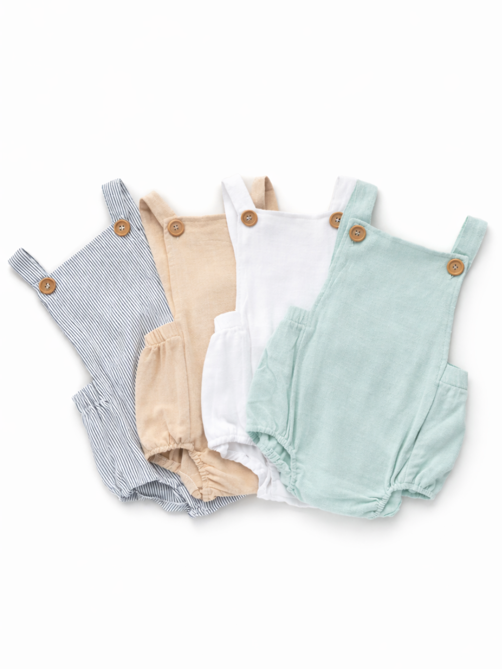 リネンサロペットロンパースのカラーバリエーション グレー・カーキ・ライトブルー・ホワイトのセット
