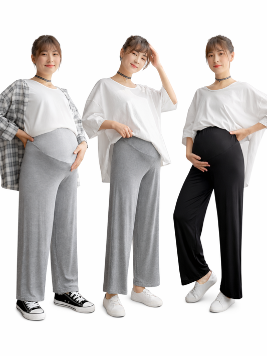 ライトグレーのマタニティワイドパンツとブラックのマタニティワイドパンツの着用イメージ比較
