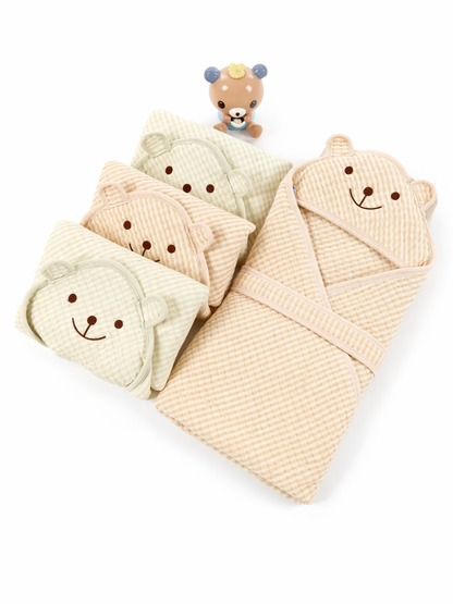 コットンキルト ベビーブランケット スワドル　アニマルフード付きの3点セット（ベビーブランケット）

