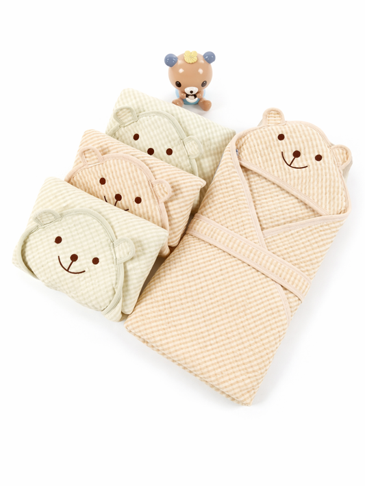 コットンキルト ベビーブランケット スワドル　アニマルフード付きの3点セット（ベビーブランケット）
