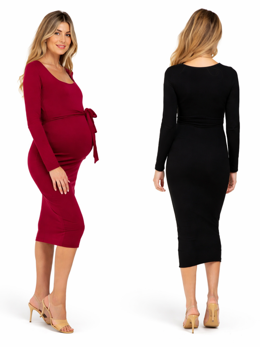 マタニティミディ丈ワンピースのカラーバリエーション 正面と背面のシルエット比較
