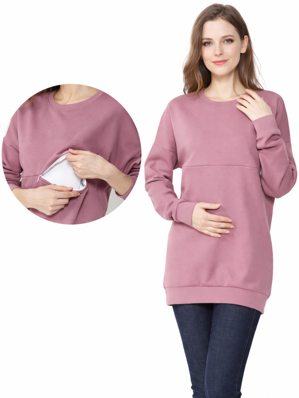 ピンクの授乳口付きマタニティスウェットトップス着用イメージ

