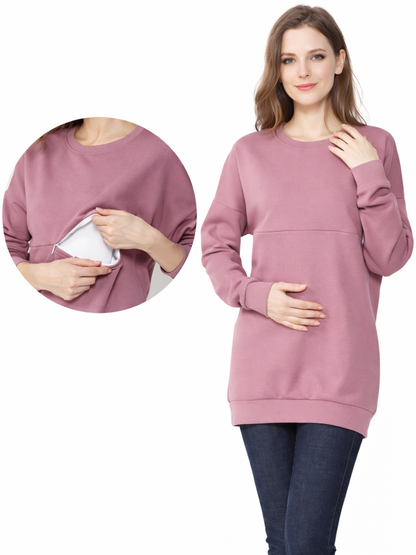 ピンクの授乳口付きマタニティスウェットトップス着用イメージ
