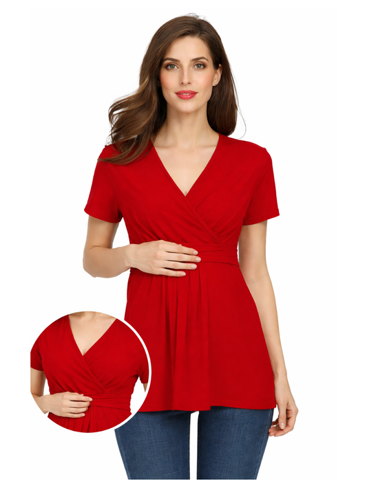 レッドの授乳口付きマタニティVネック半袖トップス正面
