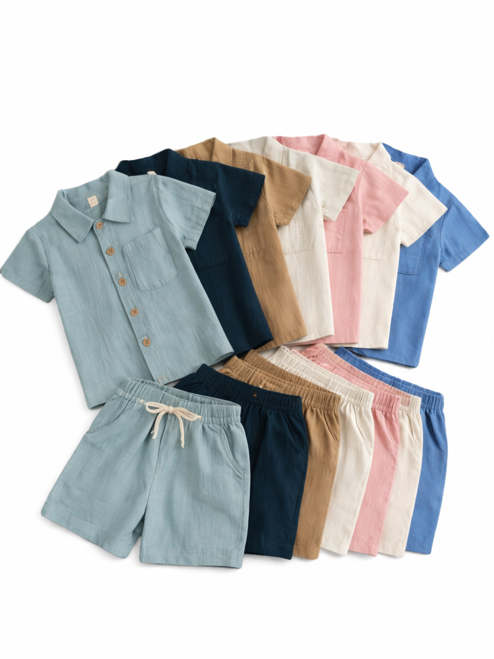 無地の半袖ラペルポロシャツとハーフパンツの男の子上下セットのカラーバリエーション
