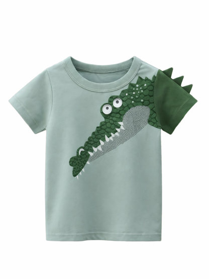 ウォーターフォールグリーンの男の子半袖Tシャツ ワニモチーフ付きの全体イメージ
