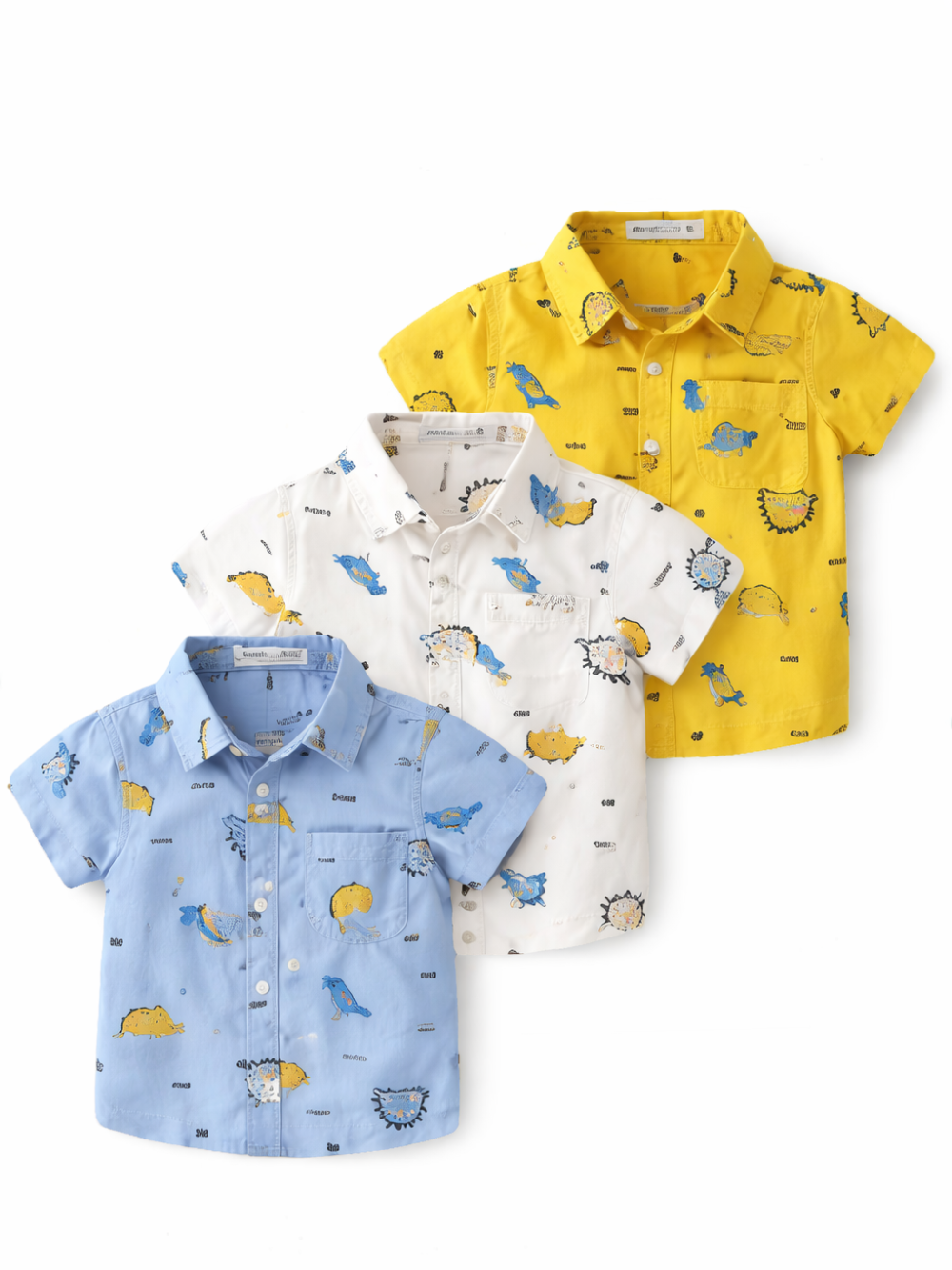 イエロー・ホワイト・ライトブルーのカートゥーン総柄男の子半袖シャツの3色セットイメージ
