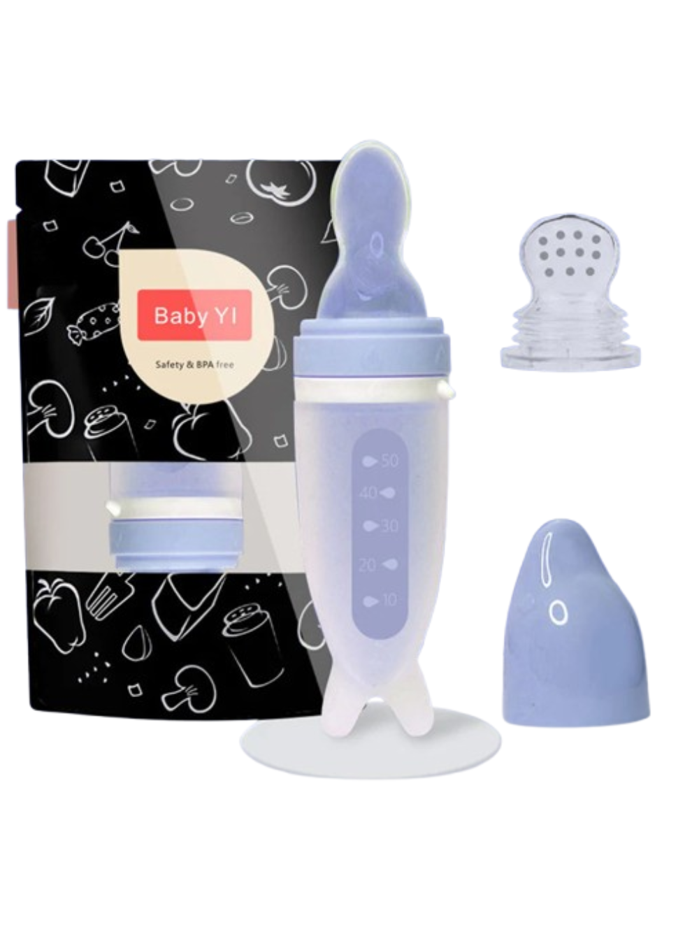 赤ちゃん用シリコーンスプーン付きフィーディングボトル（BPAフリー表記・目盛り付き・キャップと予備スプーン先端付き）（離乳食スプーンボトル）
