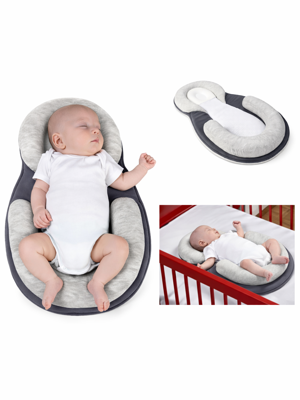 「コットン混 U字 寝返り防止サポートピロー　赤ちゃんのねんね姿勢を支える使用イメージ（寝返り防止クッション）」
