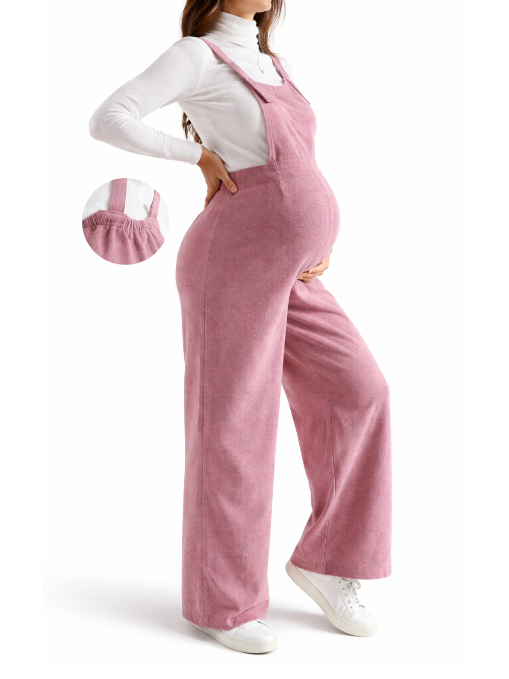 コーデュロイ素材のマタニティサロペットを正面から見た着用イメージ
