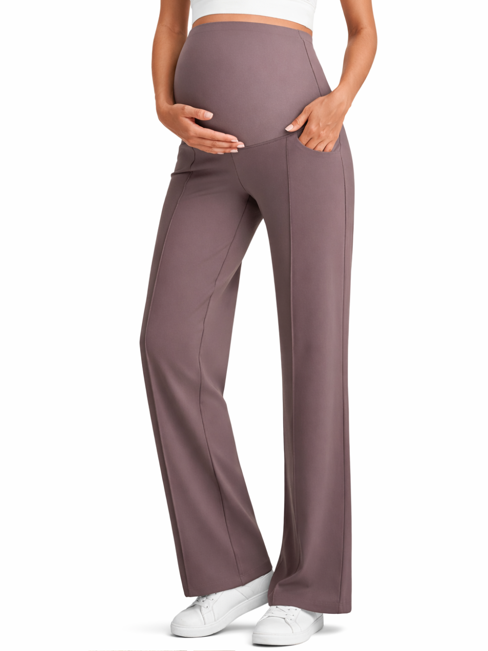 ハイウエストのお腹サポート仕様が分かるマタニティワイドパンツの全身着用イメージ
