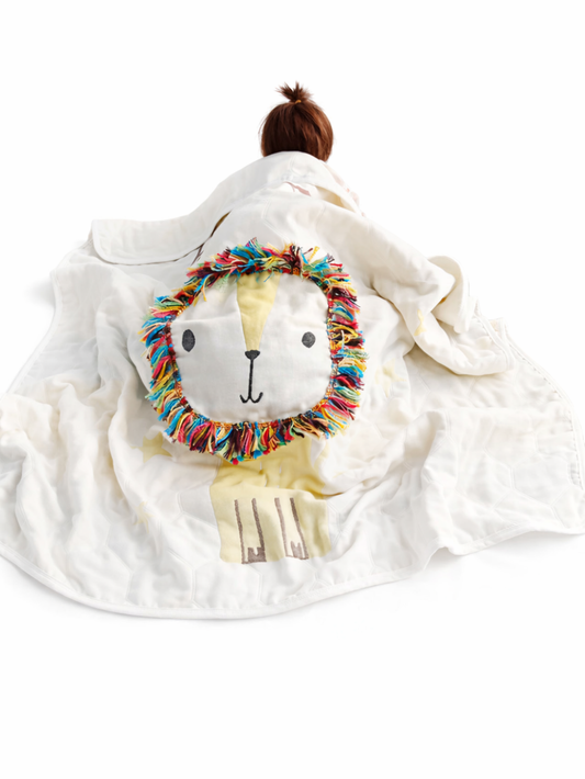 ライオンの顔モチーフとカラフルなたてがみ付きベビーブランケットを使用した商品写真（人物がくるまっている状態）、白背景。
