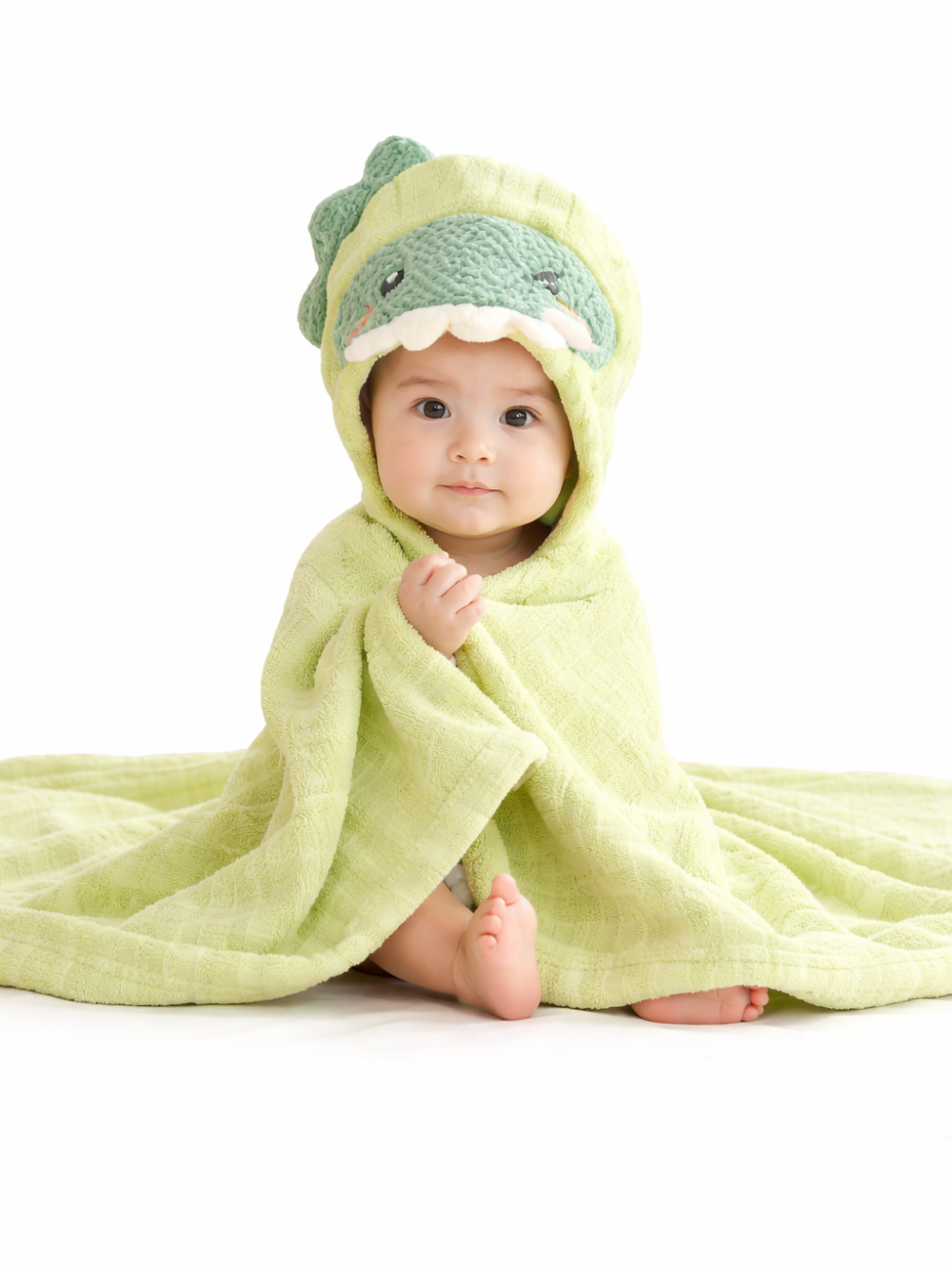 恐竜フード付きのライトグリーンブランケット（タオル）にくるまった赤ちゃんの着用イメージ、白背景。
