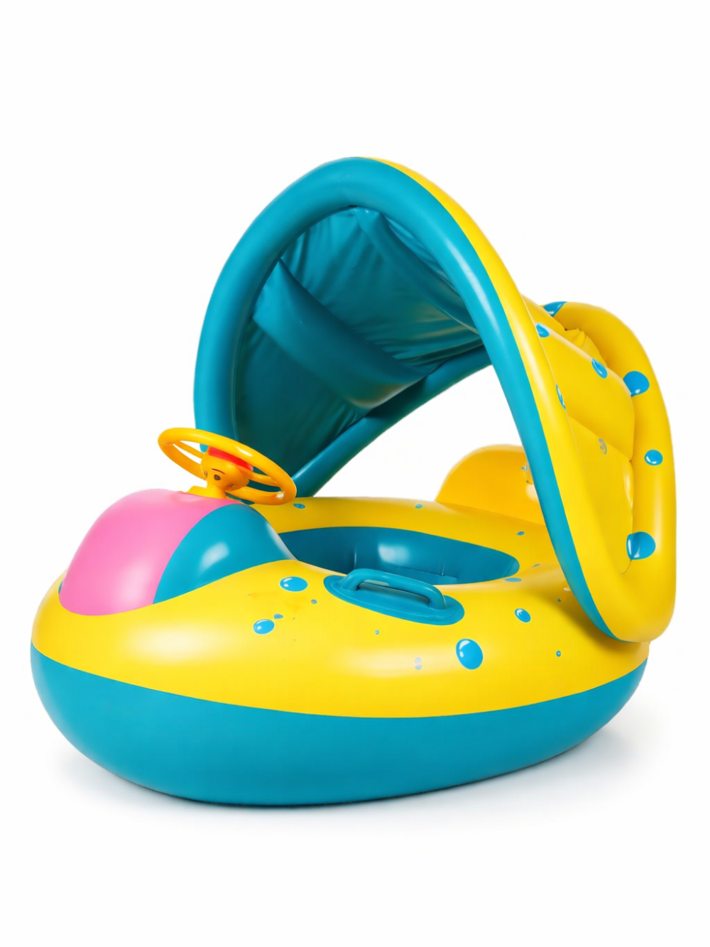 日よけ付きヨット型ベビーフロートの正面イメージ（ターコイズ×イエロー）
