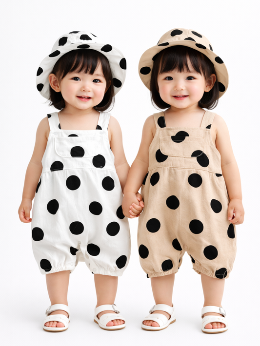 ドット柄サロペットロンパースの着用イメージ（ベビー・子ども）
