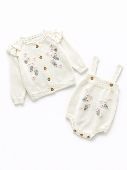 花刺繍入りフリル襟カーディガンとロンパースの2点セット
