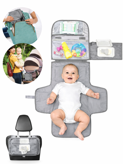 白背景のコラージュで、赤ちゃんが寝たグレーの携帯用おむつ替えマット、収納ポケット（おむつや小物）、ワイプ用ケース、リュック・ベビーカー・車の座席での使用例をまとめて示した商品画像。
