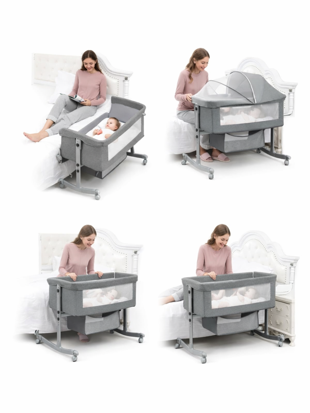 折りたたみポータブルベビークレードルベッド 使用シーンコラージュ（折りたたみベビーベッド）
