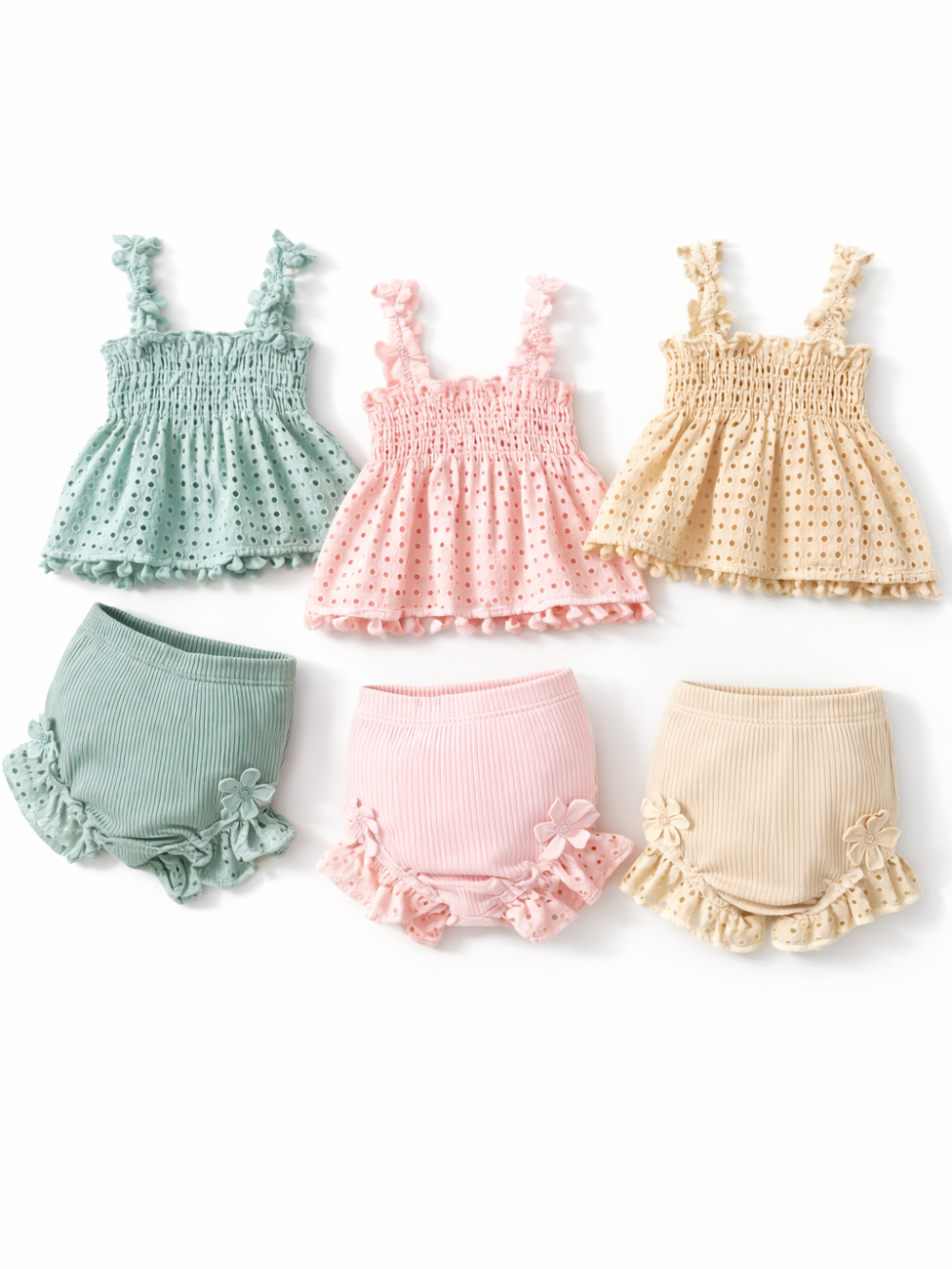 白背景に、ベビー用のスモッキングトップ＆フリルブルマ3色セット（ミントグリーン、ピンク、ベージュ）が上下2段に並べられ、花モチーフとドット柄のディテールが見える商品画像。
