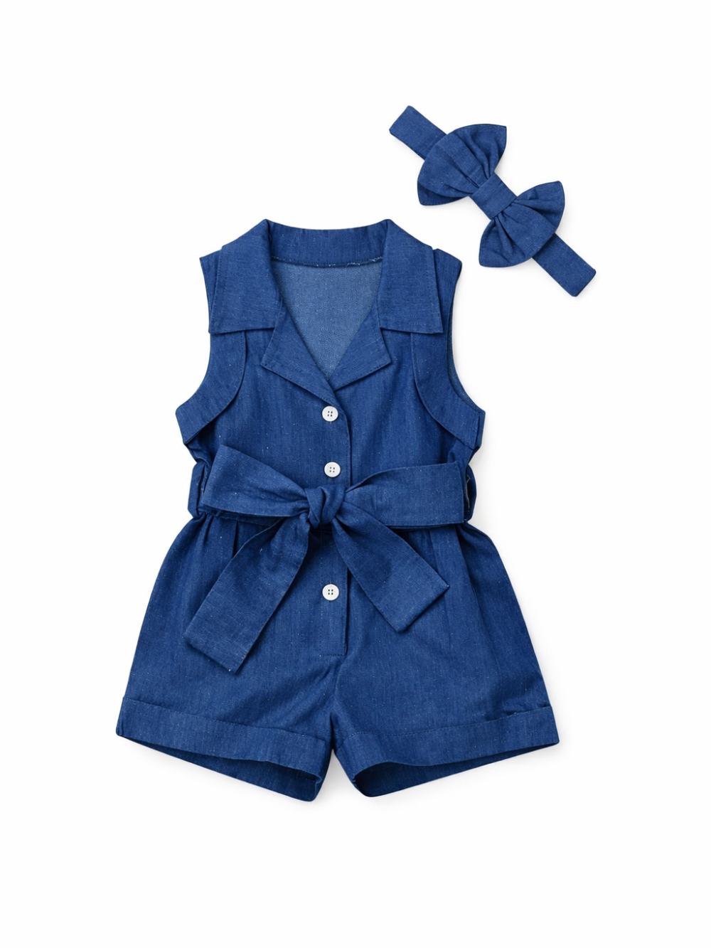 デニムブルーの女の子ノースリーブロンパース リボンベルトとヘアバンドのセット正面
