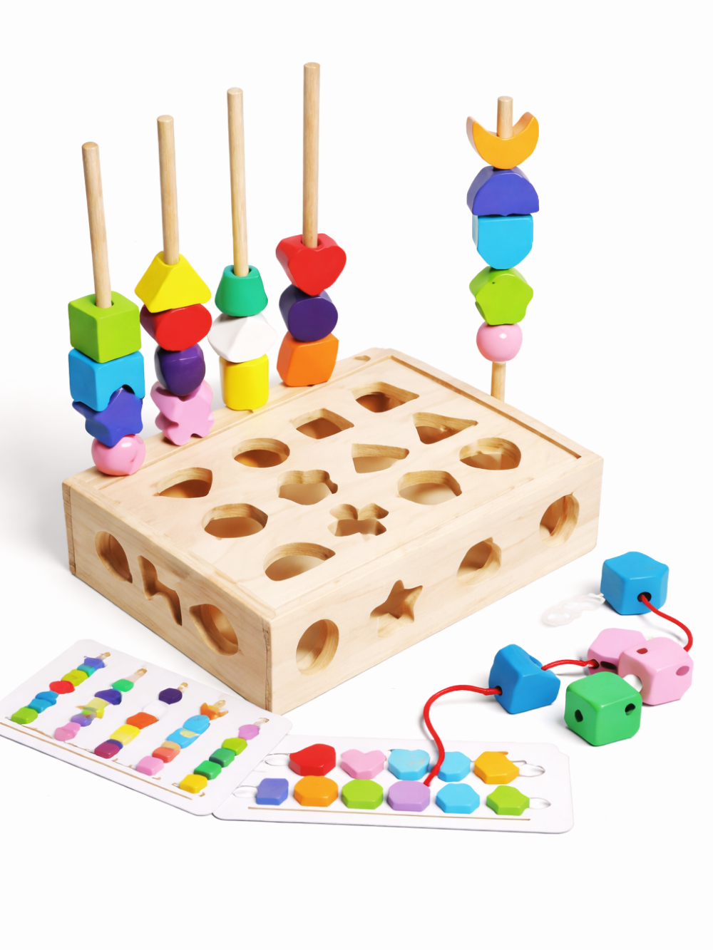 木製5本柱スタッキングと形合わせ穴あきボードにレインボーブロックとひも通しカードが揃う知育セット
