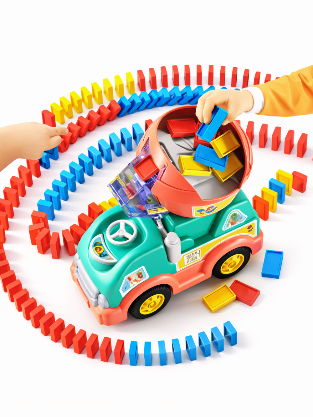 電動ドミノ配列カーが渦巻き状にカラードミノを並べるロジックゲームセット
