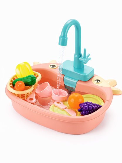 電動ポンプ蛇口付き子牛シンクのままごと洗い物セット ピンク
