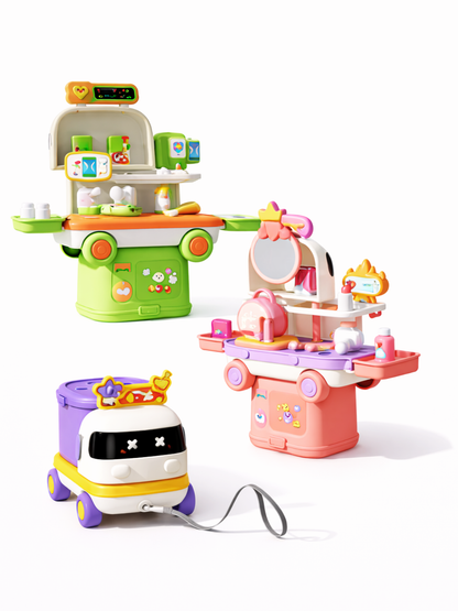 キッチン メイク メディカルの3テーマが並ぶ2in1収納カートごっこ遊びセット
