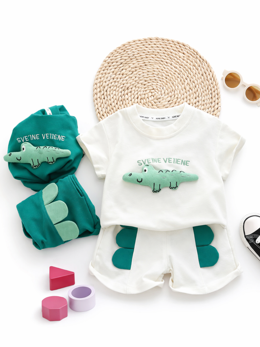 毎日を思いきり遊べる 男の子半袖セットアップ ワニ立体プリント コットン上下セット 80~120cm